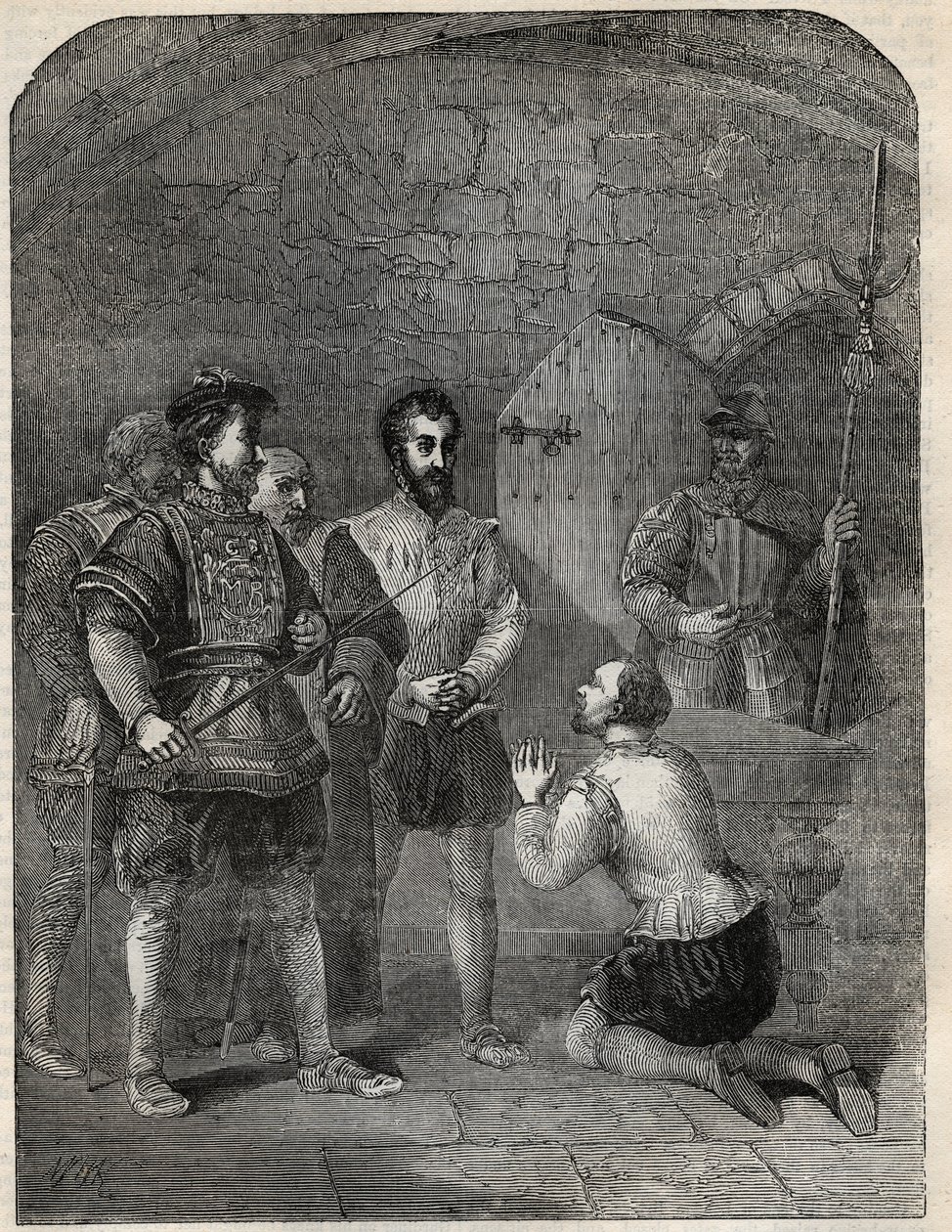 Sir Thomas Wyatt mladší (1521-1554) na cestě k popravě, slavnostně zprošťující princeznu Alžbětu a Courtenay z účasti na svém povstání - 1554 - rytina z „“Historie Anglie”” od Cassella Pettera & Galpina od English School