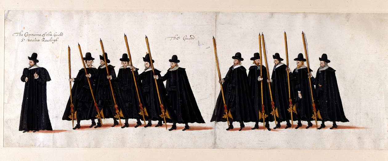 Sir Walter Raleigh, kapitán gardy a gardy. Část pohřebního průvodu královny Alžběty I. do Westminsterského opatství, 28. dubna 1603. od English School