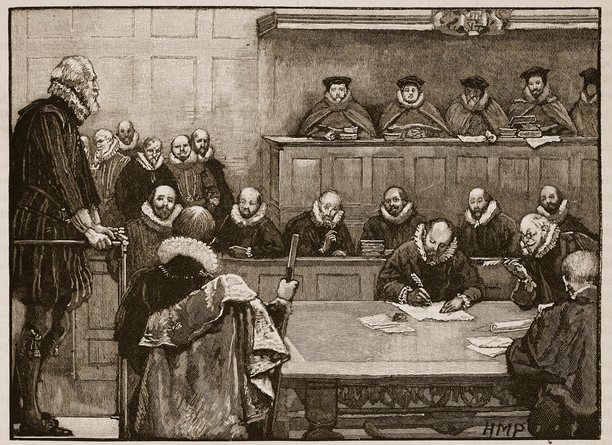 Sir Walter Raleigh před soudci, ilustrace z Cassells Illustrated History of England (sépiová fotografie) od English School