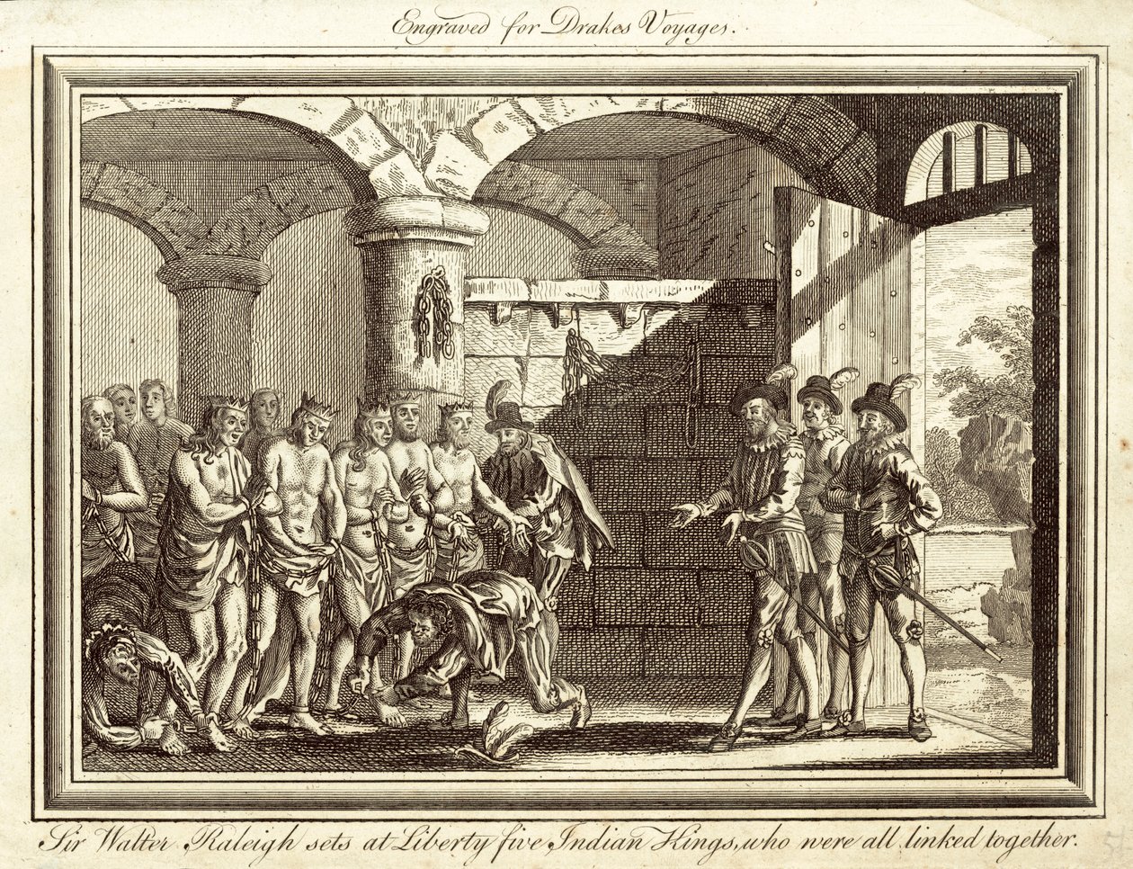 Sir Walter Raleigh propouští na svobodu pět indických králů, kteří byli spojeni dohromady (rytina) od English School