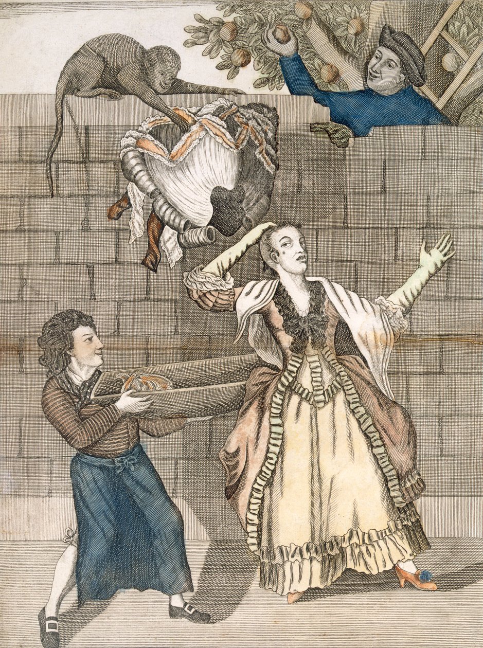 Slight of Hand by a Monkey or the Ladys Head Unloaded, z originální kresby od Grimma, vytištěné pro Carington Bowles, Londýn, pub. 1778 od English School