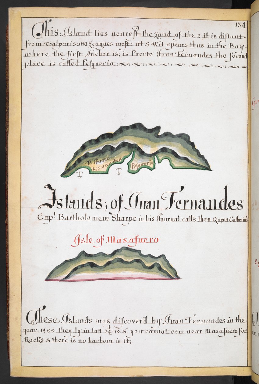 Sloane MS 44, f.269v, Mapa Juana Fernándeze v South Sea Wagoner Williama Hacka od English School