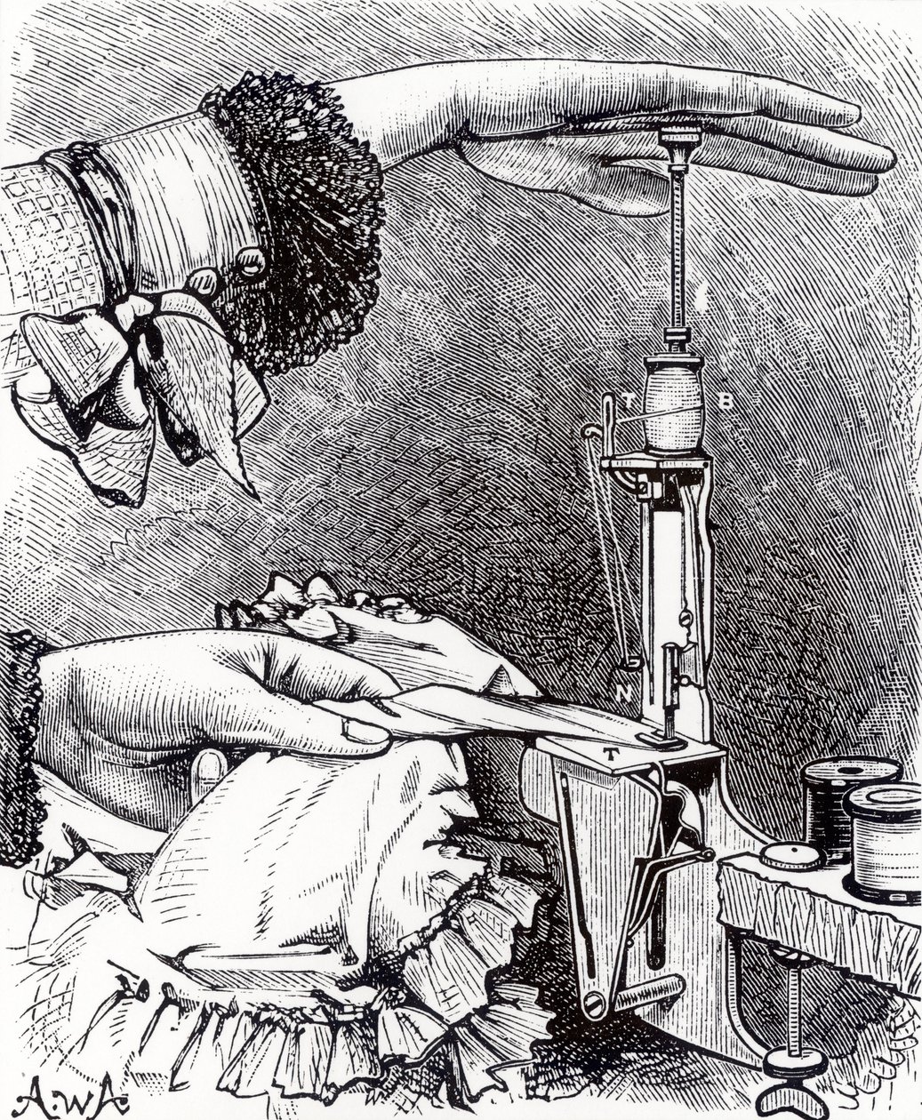 Malý šicí stroj s vázaným stehem, osm palců dlouhý, vážící 8 uncí, z Cassells Family Magazine, publikovaný 1886 od English School