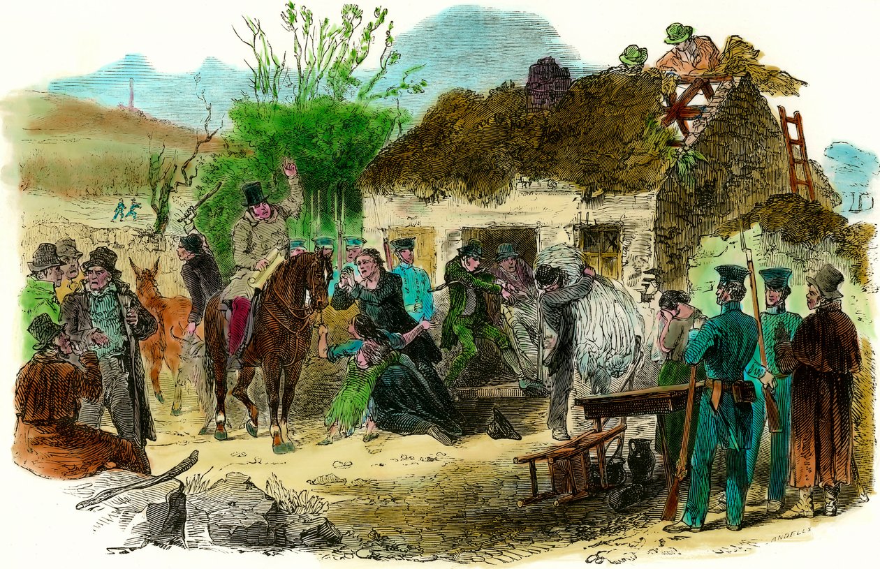 Sociální poměry v Irsku v roce 1848 vyhnání rolníků (ilustrační londýnské zprávy z 16. prosince 1848) od English School