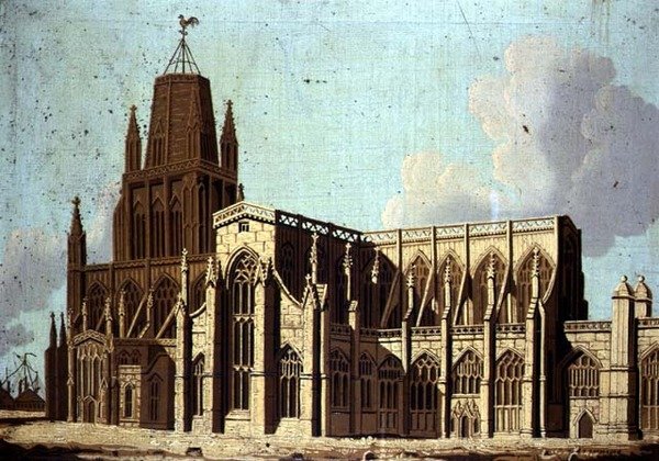 Jihovýchodní pohled na kostel St. Mary Redcliffe v Bristolu, cca 1800 (olej na plátně) od English School