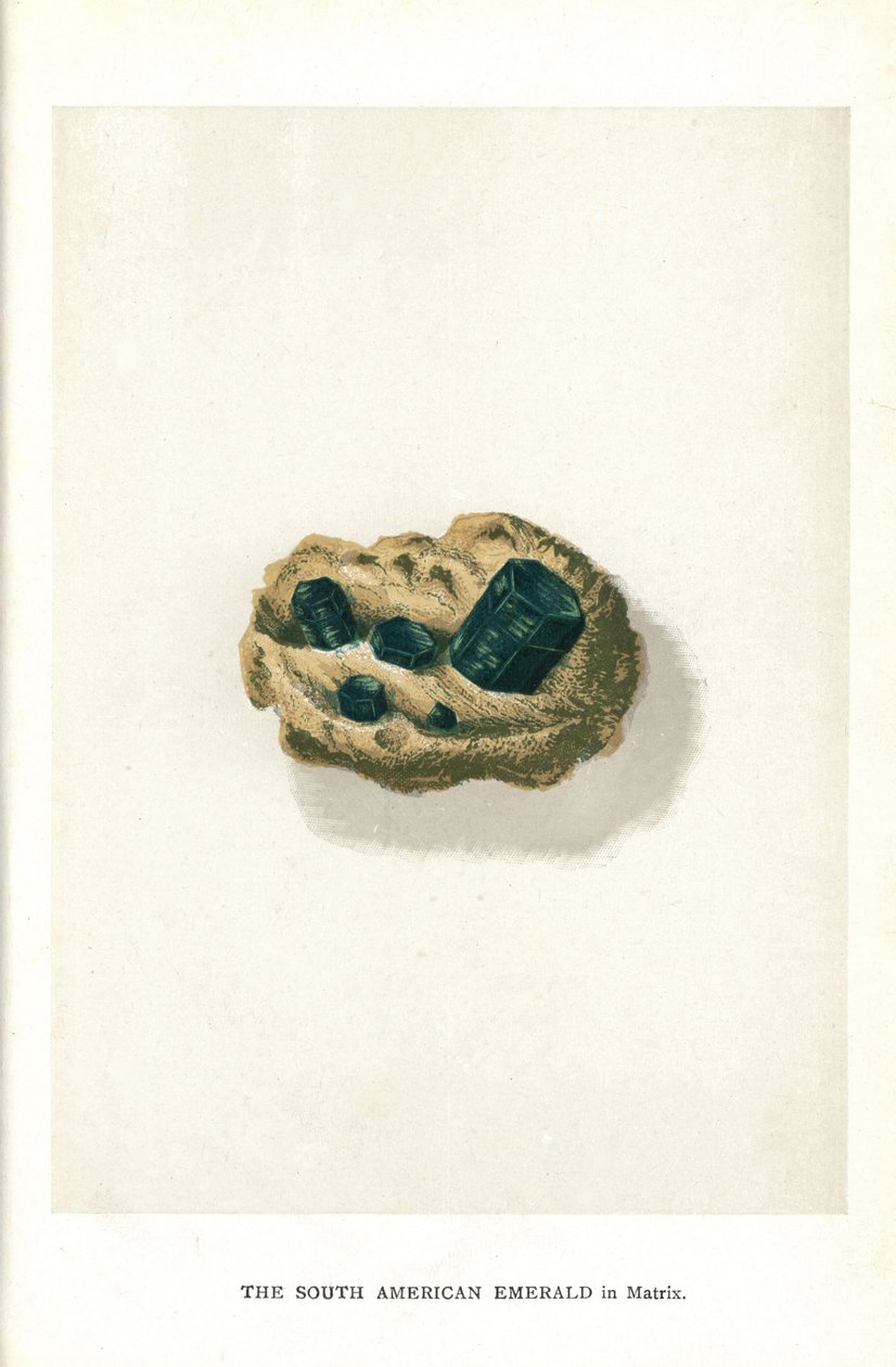 Jihoamerický smaragd v matrixu, z knihy Edwina Streetera „Precious Stones and Gems“, London, George Bell & Sons od English School