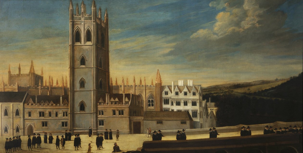 Jižní fronta Magdalen s mnoha postavami v popředí, kolem roku 1650 od English School