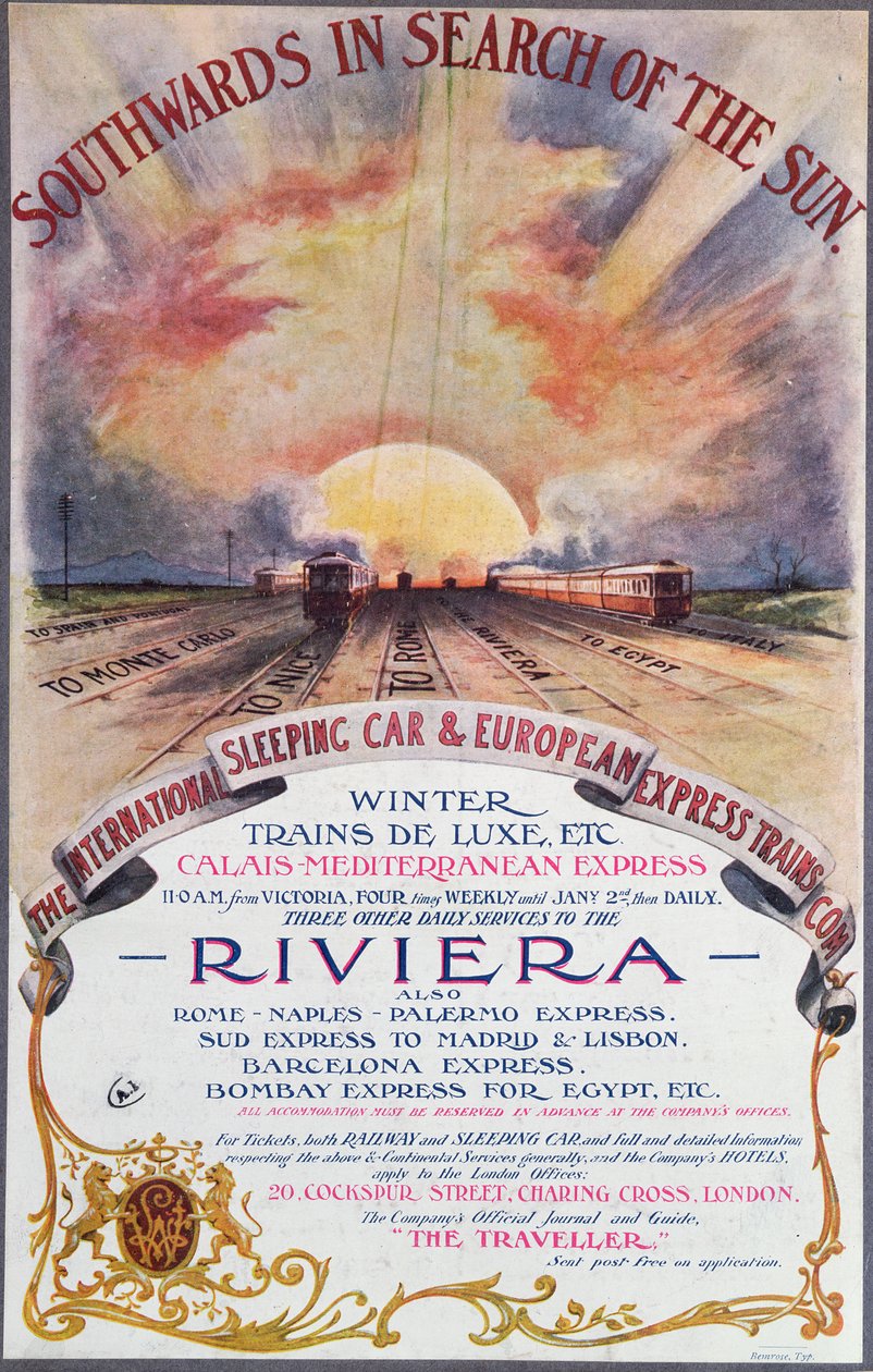 Na jih ke Slunci, plakát inzerující služby mezinárodní společnosti pro vlaky se spacími vozy na Francouzskou riviéru, kolem roku 1910 od English School