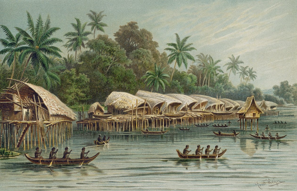 Sowek, vesnice Pile na severním pobřeží Nové Guineje, z knihy Dějiny lidstva, 1. díl, autor: Prof. Friedrich Ratzel, 1896. od English School