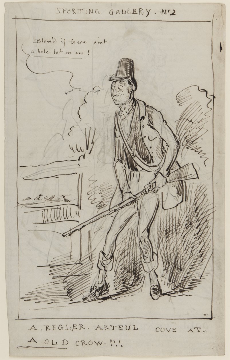 Sportovní galerie č. 2, A Regler, Artful Cove at a Old Crow, c.1825 (pero a inkoust na papíře) od English School