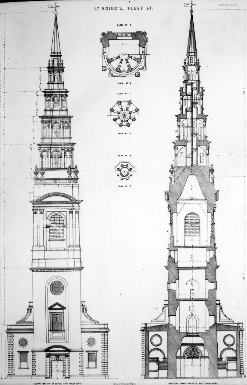 St. Brides, Fleet Street, Elevation of the West End, 19. století od English School
