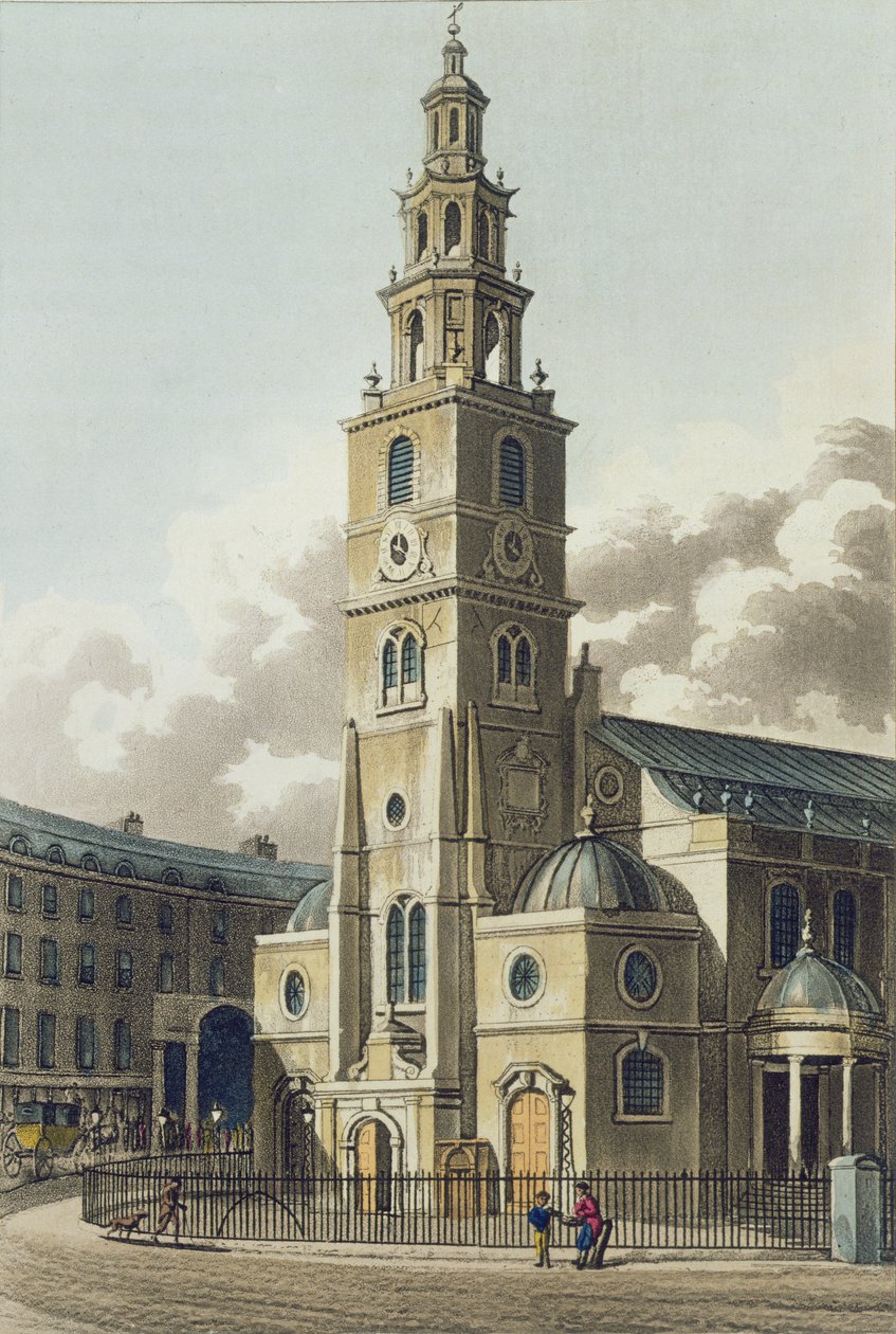 Kostel sv. Klimenta Dánů, hospoda. od Rudolpha Ackermanna (1764-1834) 1816 (akvatinta) od English School