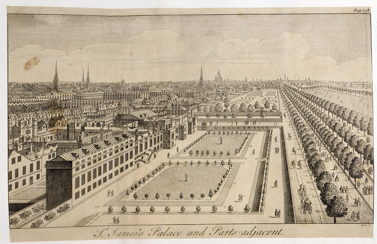 Palác svatého Jakuba a přilehlé části, vyryl William Henry Toms (asi 1700-50) od English School