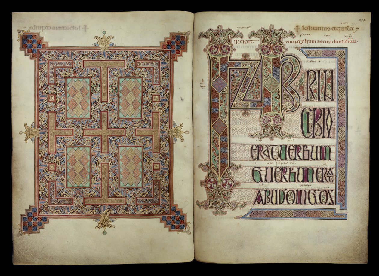 Evangelium svatého Jana; kobercový list a incipit, Cotton Nero D. IV, f.210v a f.211r z Lindisfarnských evangelií, 710-721 (pergamen) od English School