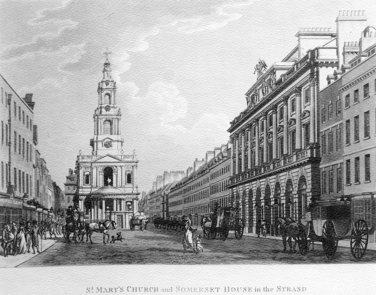 Kostel St. Marys a Somerset House v Strand, 1796 od English School