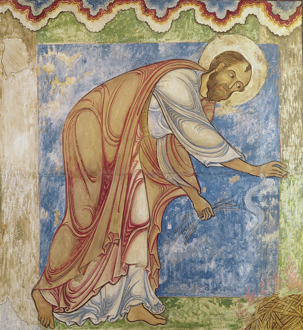 Svatý Pavel a zmije, v kapli sv. Anselma, kolem 1180 (nástěnná malba) od English School