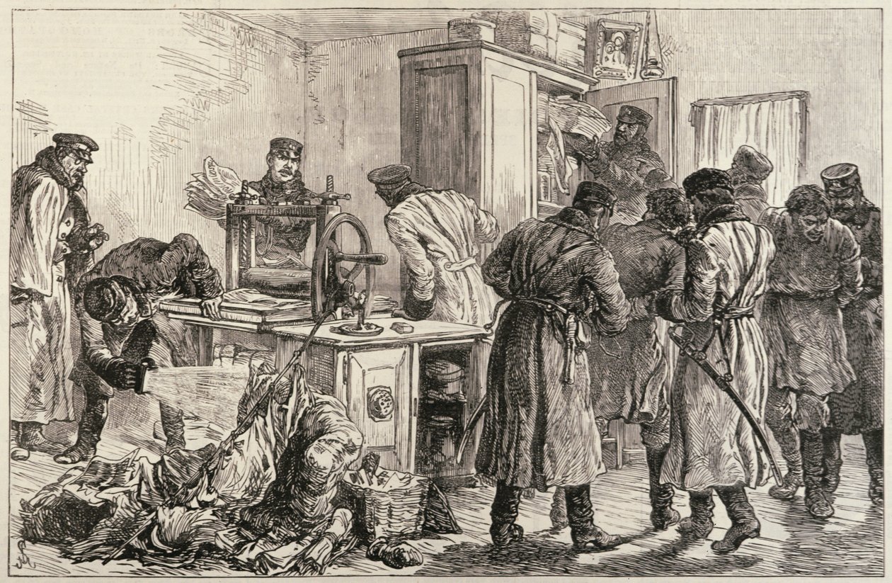 Petrohradská policie objevila nihilistickou tiskárnu, z „The Illustrated London News“, 16. dubna 1887 od English School