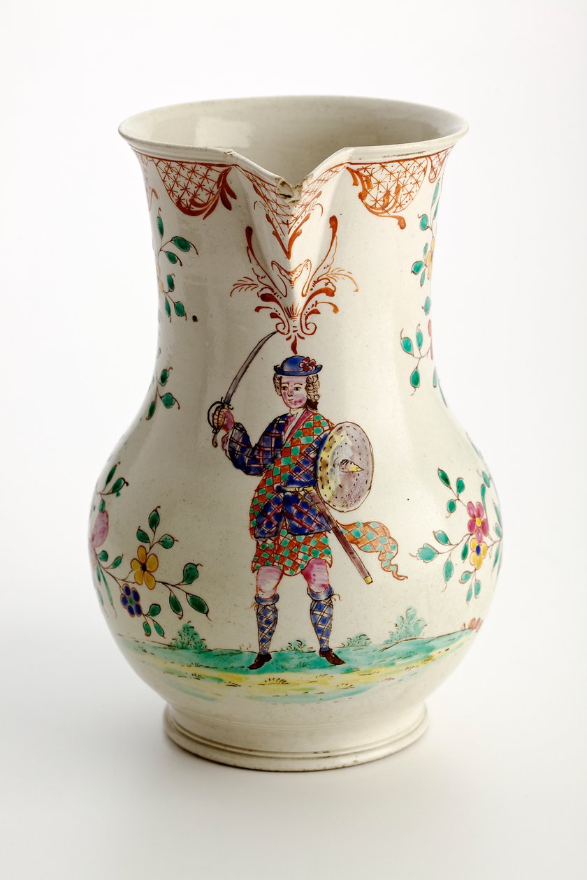 Staffordshire džbán zdobený postavou v kroji Vysočiny, 1755 (solná glazura) od English School