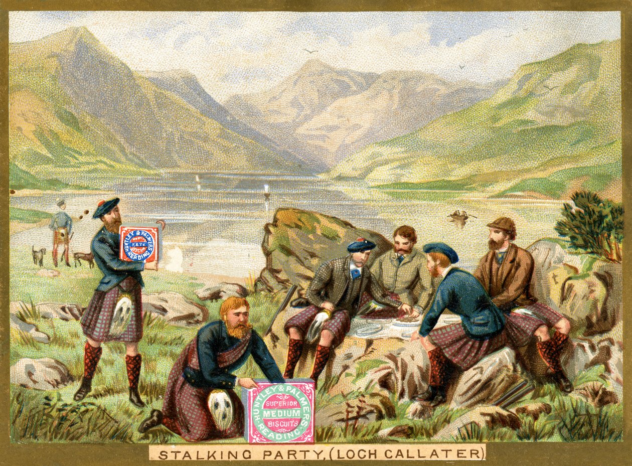 Stalking Party, Loch Callater, propagační karta pro Huntley & Palmers Biscuits, kolem roku 1890 (barevné lito od English School