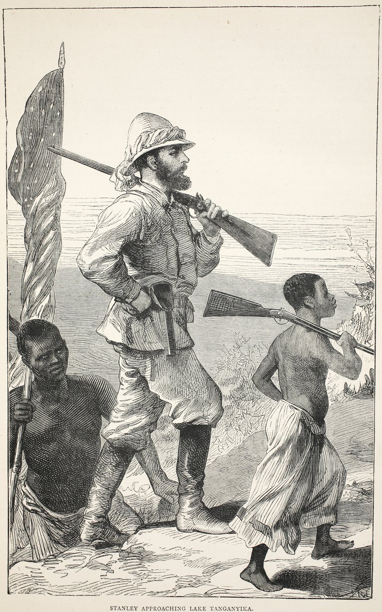 Stanley se blíží k jezeru Tanganika, ilustrace z Obrazového vydání života a objevů Davida Livingstona od J. Ewinga Richieho, vydalo nakladatelství A. Fullarton & Co., 1876. od English School