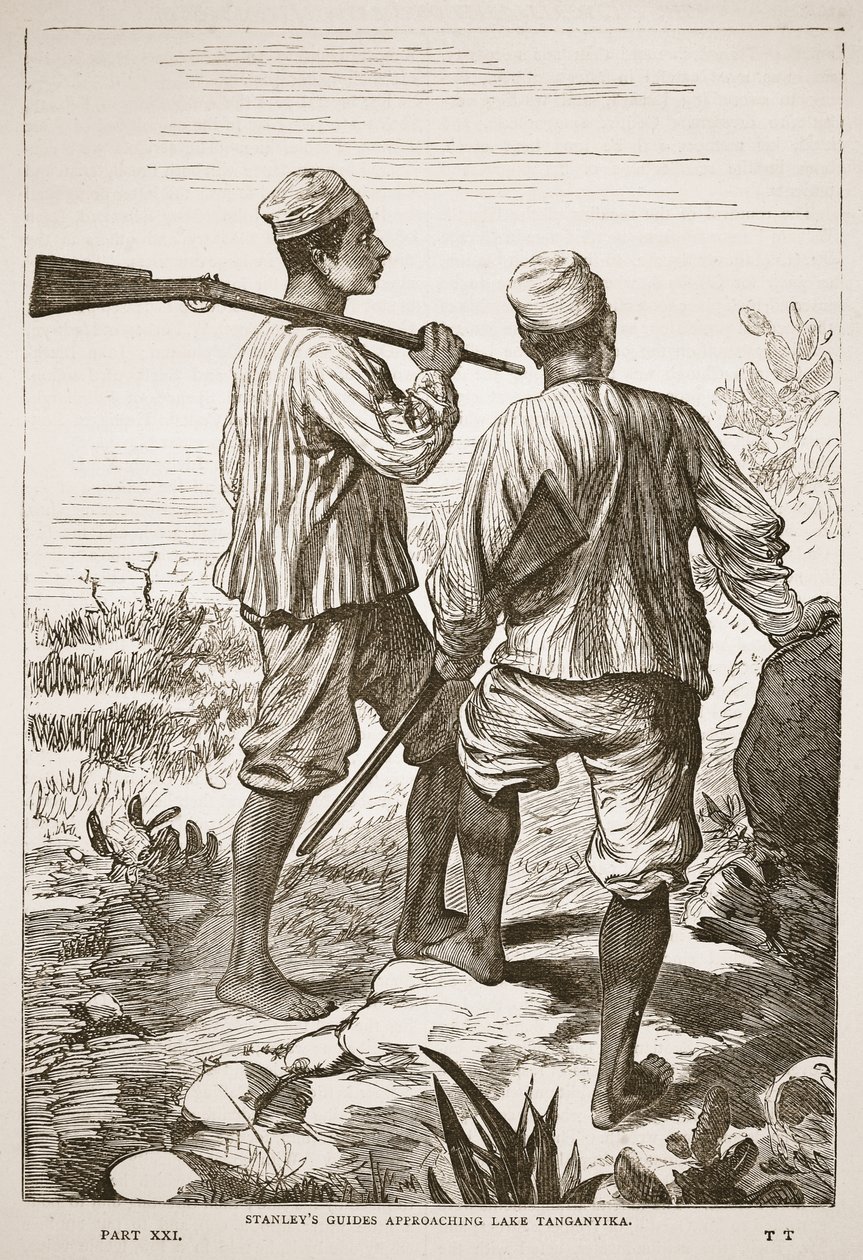 Stanleyho průvodci se blíží k jezeru Tanganika, ilustrace z Obrazového vydání života a objevů Davida Livingstona od J. Ewinga Richieho, vydalo nakladatelství A. Fullarton & Co., 1876. od English School