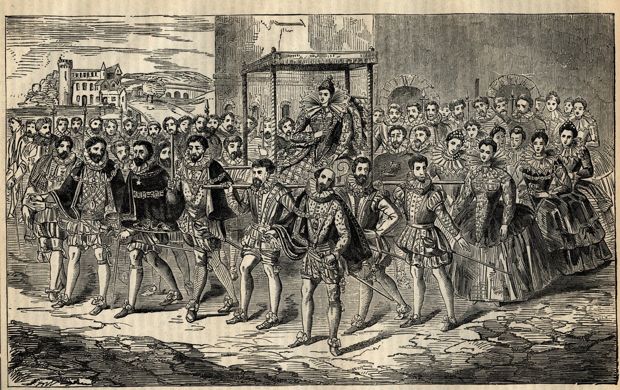 Státní pokrok královny Alžběty - královny Alžběty I. (1533-1603) se svými makléři - Charlesem, lordem Howardem z Effinghamu; George Clifford, vévoda z Cumberlandu; Thomas Butler, hrabě z Ormonde; George Talbot, 7. hrabata ze Shrewsbury; Edward Somerset, hr od English School