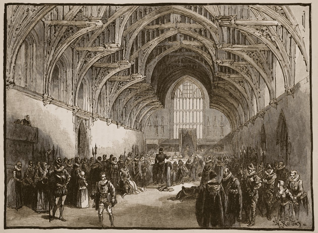 Státní soud ve Westminster Hall za Alžběty, ilustrace z Cassells Illustrated History of England. od English School