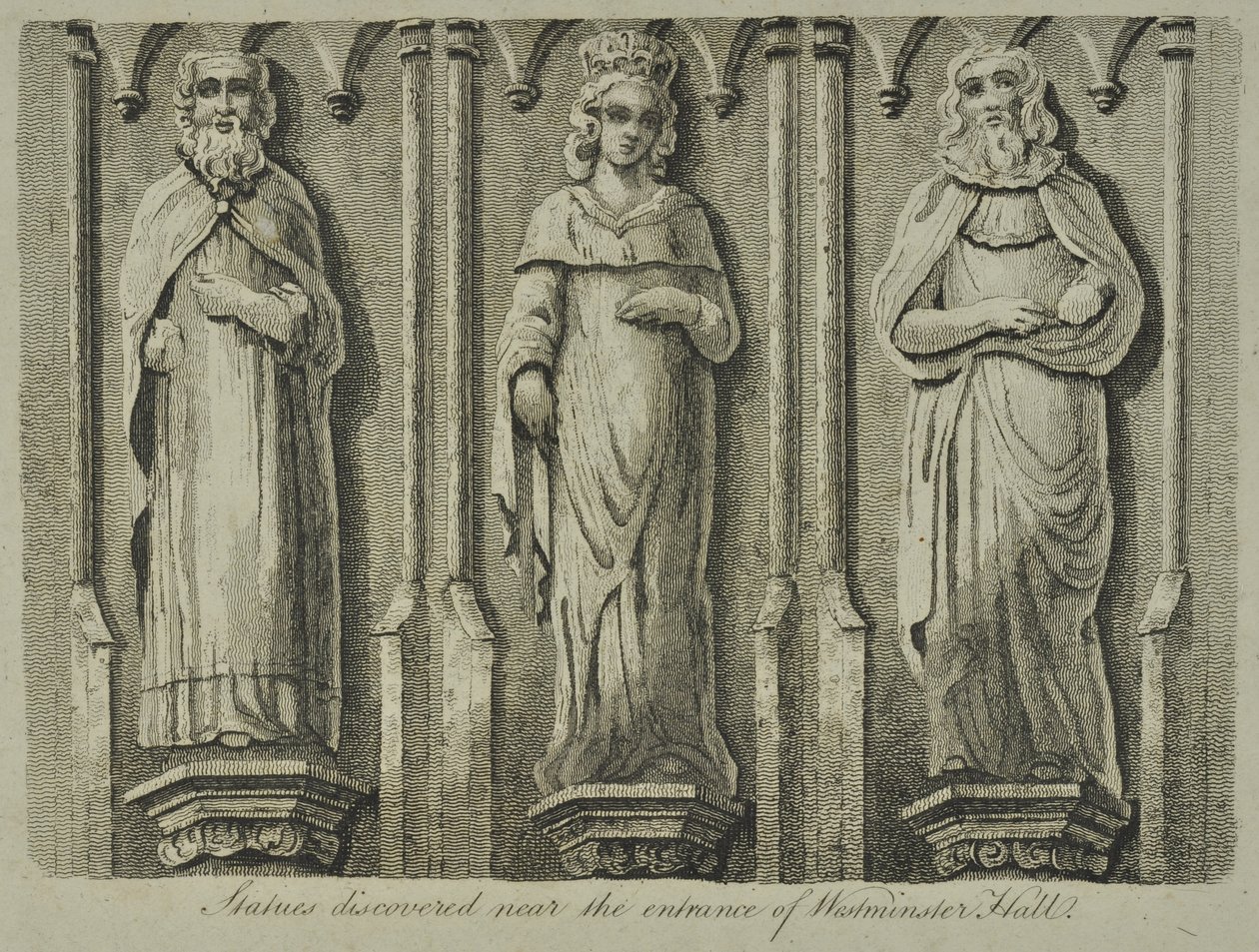 Sochy objevené poblíž vchodu do Westminster Hall, 1807 od English School