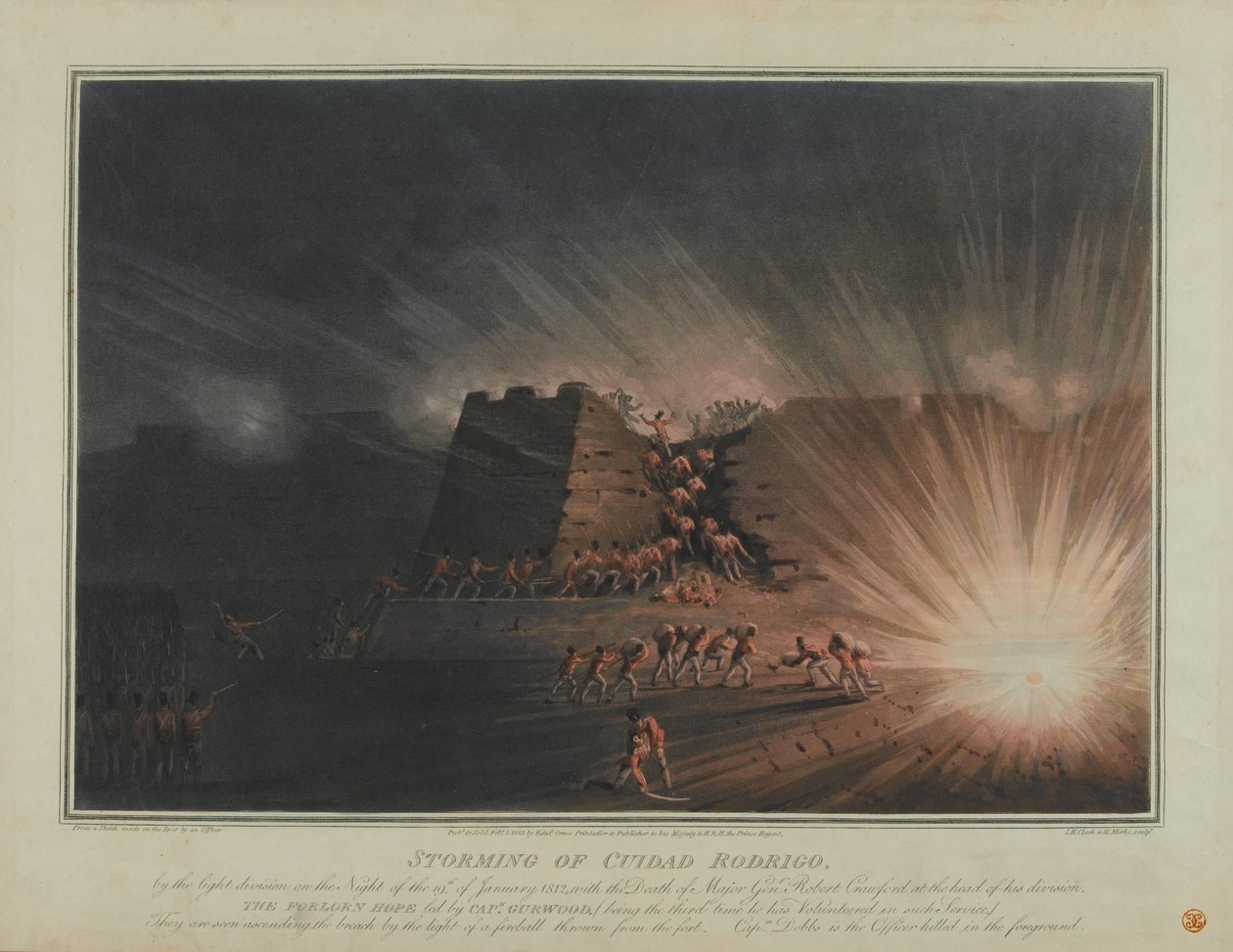 Útok na Ciudad Rodrigo lehkou divizí v noci 19. ledna 1812, vyryl J.H. Clark a H. Merke, publikoval v únoru 1815 (barevná akvatinta) od English School