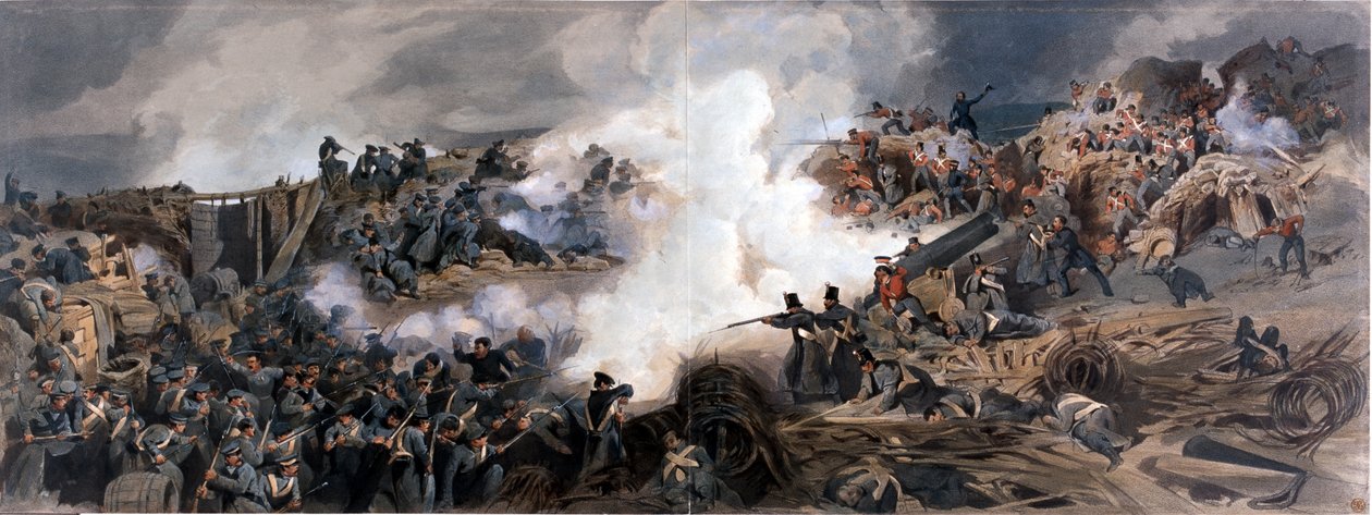 Storming of the Great Redan, Sebastopol, 1855, z Důstojnického portfolia úderných vzpomínek na válku z kreseb, fotografií a poznámek, pořízených na místě, zpracované do kompletních obrázků od English School