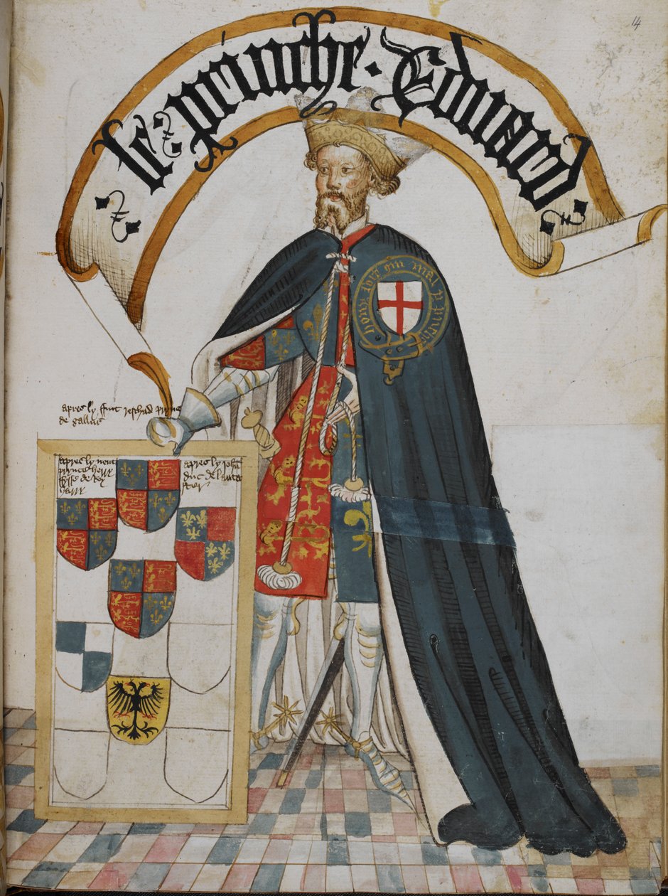 Stowe 594, f.14 Portrét Edwarda, prince z Walesu [Černého prince], rytíře zakladatele Řádu podvazku, z „Obrazové knihy zbraní Řádu podvazku“ (William Bruge