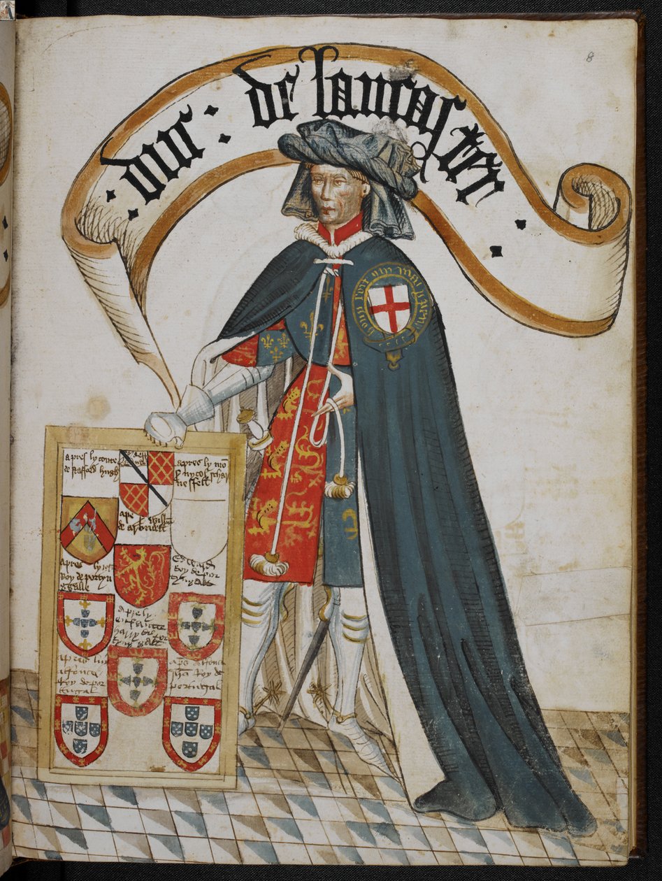Stowe 594 f.8, Portrét Jindřicha, vévody z Lancasteru, rytíře, zakladatele Řádu podvazků, ilustrace z 