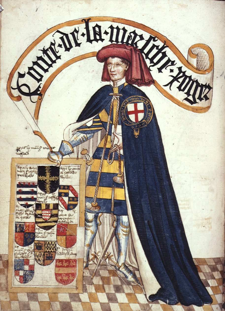 Stowe 594 fol. 15v Roger Mortimer (1328-1360) 2. hrabě z března v podvazkových róbách, z 