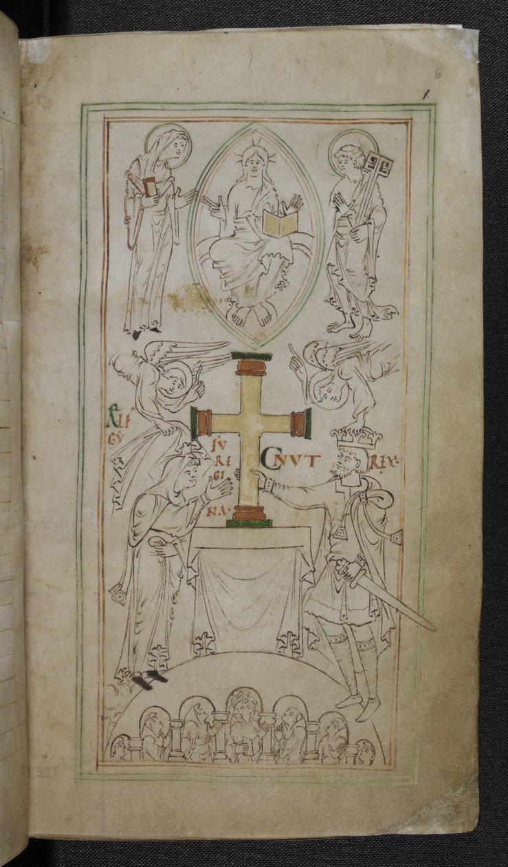 Stowe 944 f.6 Král Cnut a jeho královna, Aelfgyfu, představující kříž na oltáři Nové katedrály, 