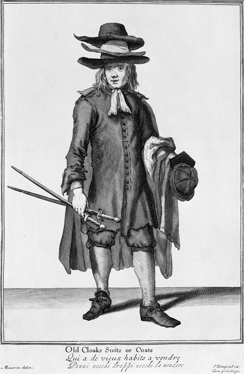 Pouliční prodavač prodávající staré pláště, obleky a kabáty, 1666 od English School