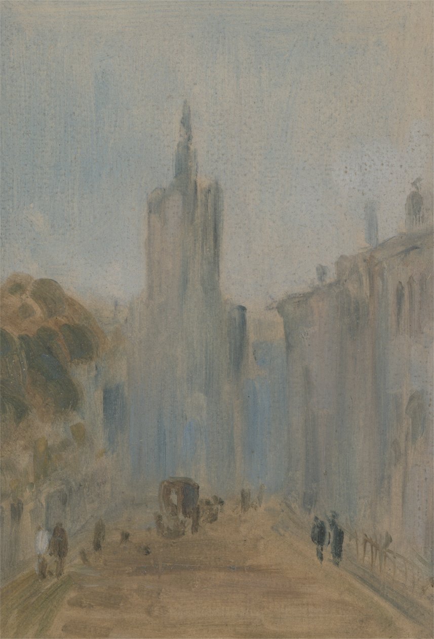 Ulice s kostelem a postavami dříve připisovaná J.M.W. Turner (1775-1851) a také připisován Peteru de Wint (1784-1849), 1822-25 (olej na papíře) od English School