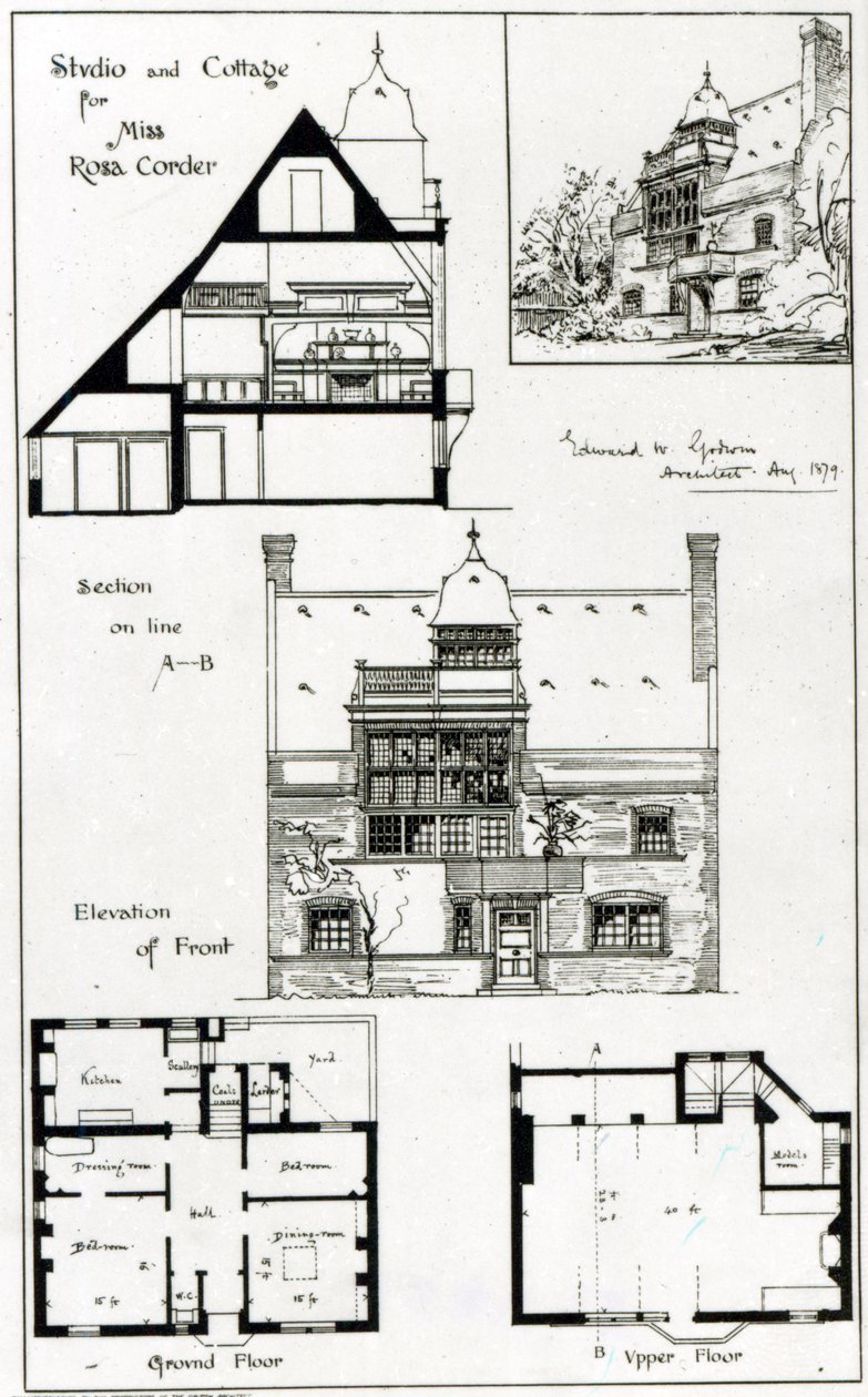 Studio a chata pro slečnu Rosu Corderovou, od The British Architect, 3. října 1879 od English School