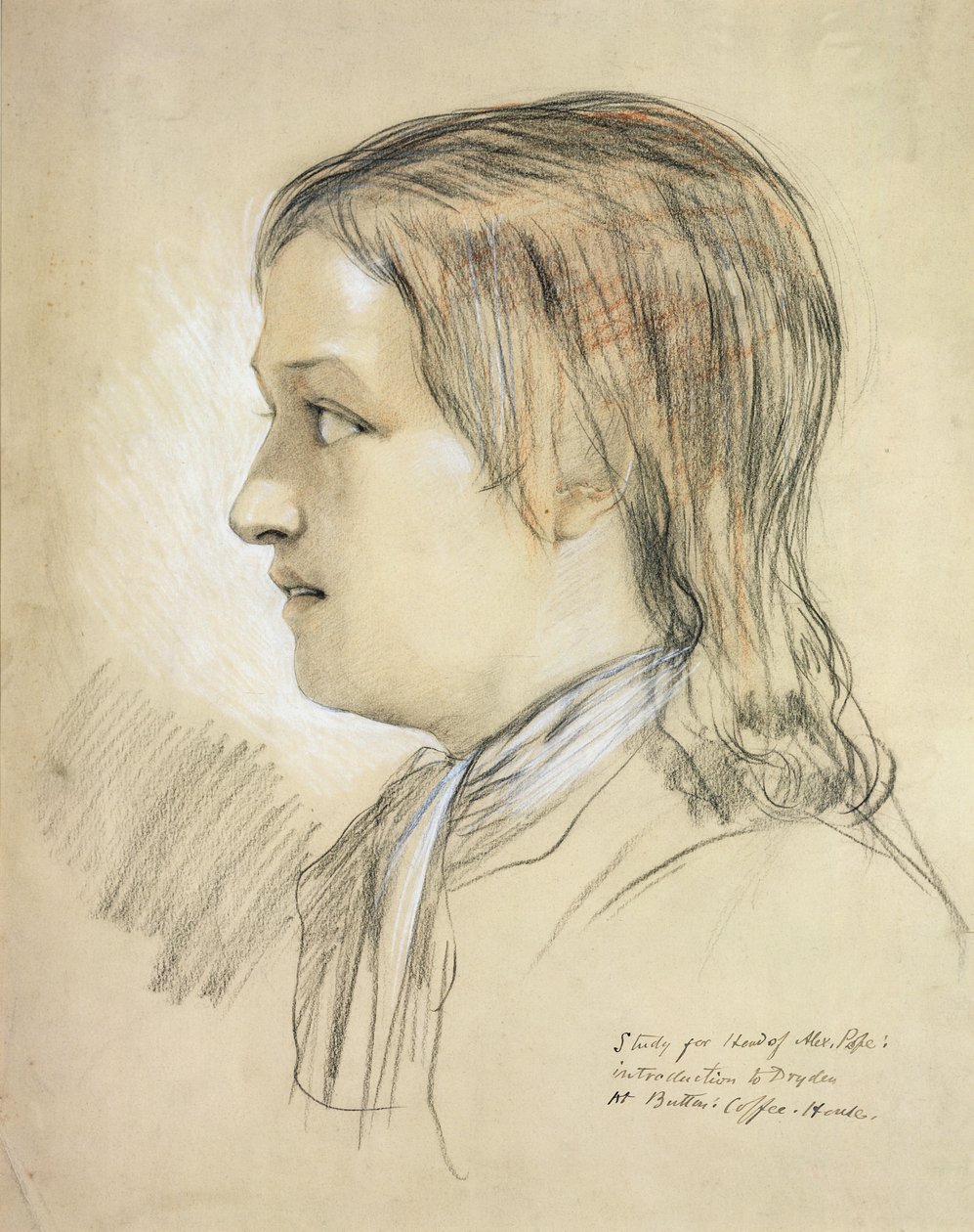 Studie pro hlavu Alexe Popea (1688-1744) úvod do Dryden, At Butlers Coffee House (tužka, křída a dřevěné uhlí na papíře) od English School
