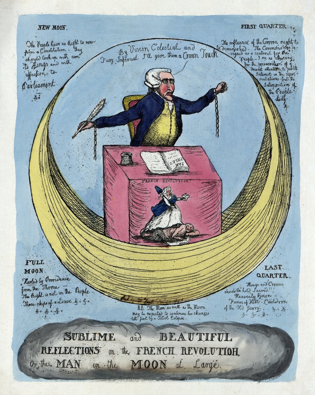 Vznešené a krásné úvahy o francouzské revoluci aneb Muž v měsíci na svobodě, hospoda. 1790 (ručně kolorovaná rytina) od English School