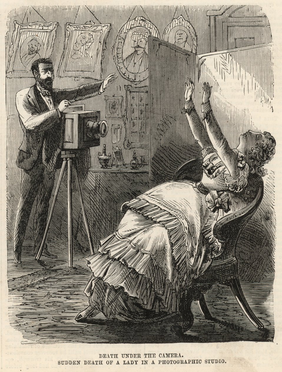 Náhlá smrt dámy ve fotografickém ateliéru (rytina) od English School