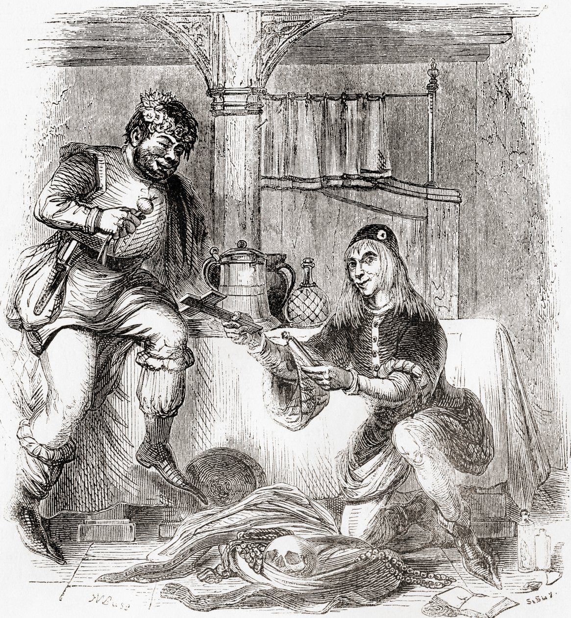 Sumpnour a Pardoner, ze staré Anglie: z knihy Old England: A Pictorial Museum, pub. 1847 od English School