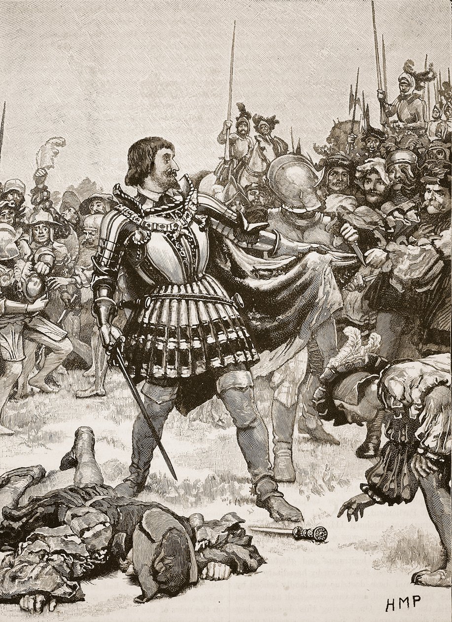 Františkova kapitulace na bitevním poli u Pavie, ilustrace z Cassells Illustrated History of England (sépiová fotografie) od English School