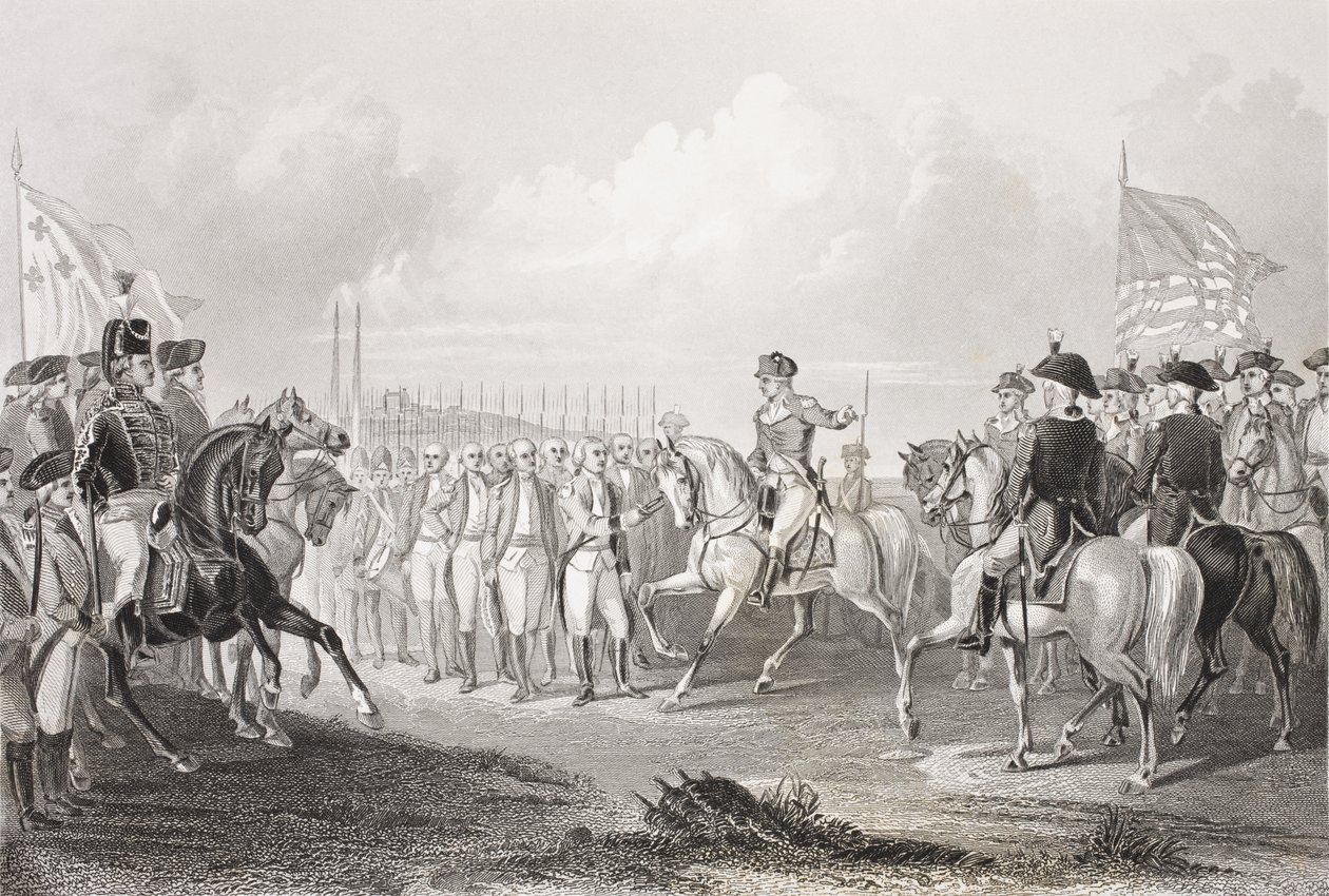 Kapitulace lorda Cornwallise v Yorktownu ve Virginii, 19. října 1781, z „Galery of Historical Portraits“, publikované kolem roku 1880 od English School