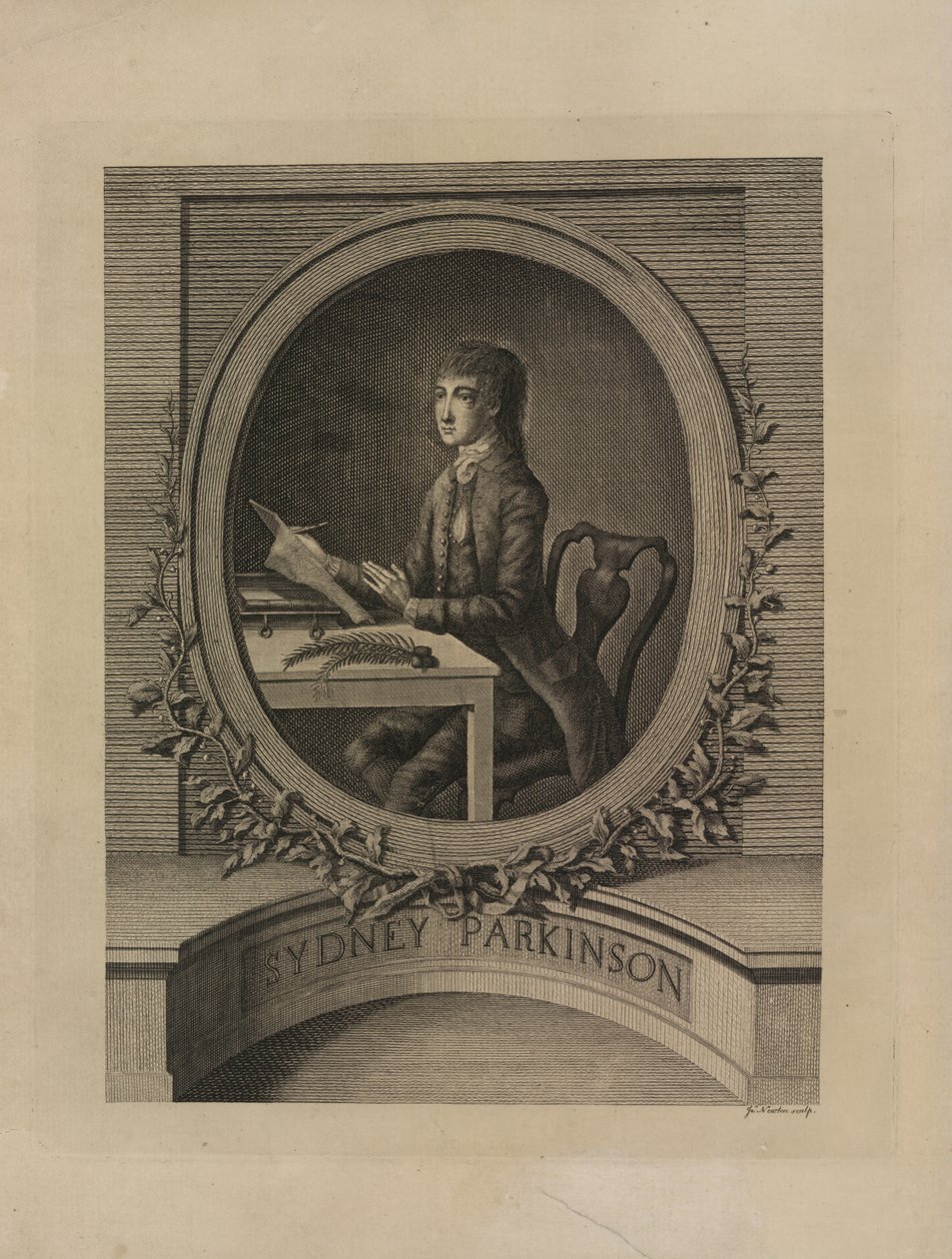 Sydney Parkinson, frontispis z „Žurnálu o plavbě do jižních moří, na lodi Jeho Veličenstva, Endeavour (pod velením kapitána Jamese Cooka)“ 1773 (rytina) od English School