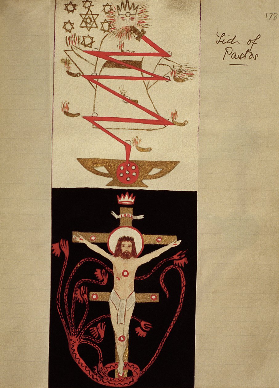 Symbolické vzory na víku Pastos v trezoru adeptů, kolem roku 1895 (barevný inkoust na papíře) od English School