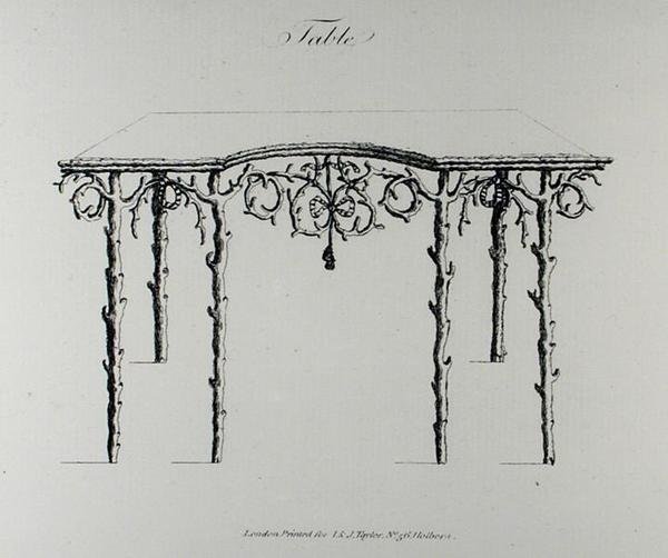 Stůl, z „Grotesque Architecture, or Rural Amusement“, od Williama Wrighta, publikoval 1768 (rytina) (černobílá fotografie) od English School