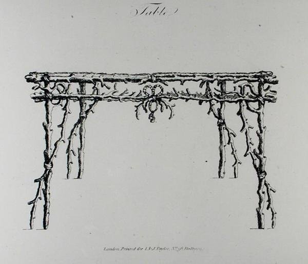 Stůl, z „Grotesque Architecture, or Rural Amusement“, od Williama Wrighta, publikoval 1768 (rytina) (černobílá fotografie) od English School