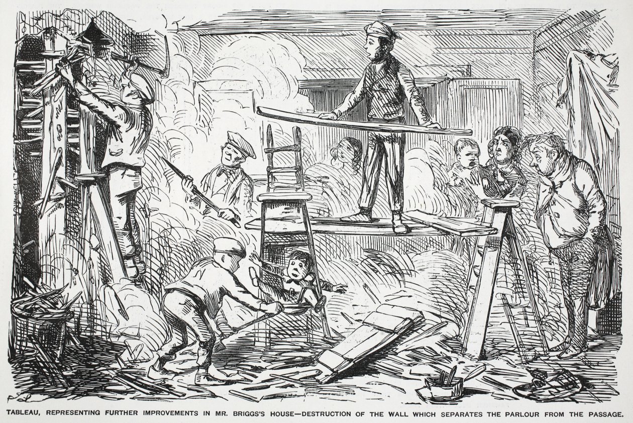 Tableau, představující další vylepšení domu pana Briggse - zničení zdi, která odděluje salon od průchodu, ilustrace z Punch od English School