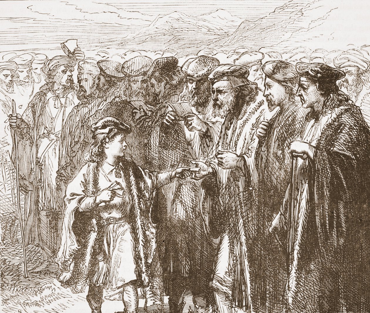 Táborité vybírající pastora, ilustrace z Historie protestantismu od Jamese Aitkena Wylie (1808-1890), hospoda. 1878 od English School