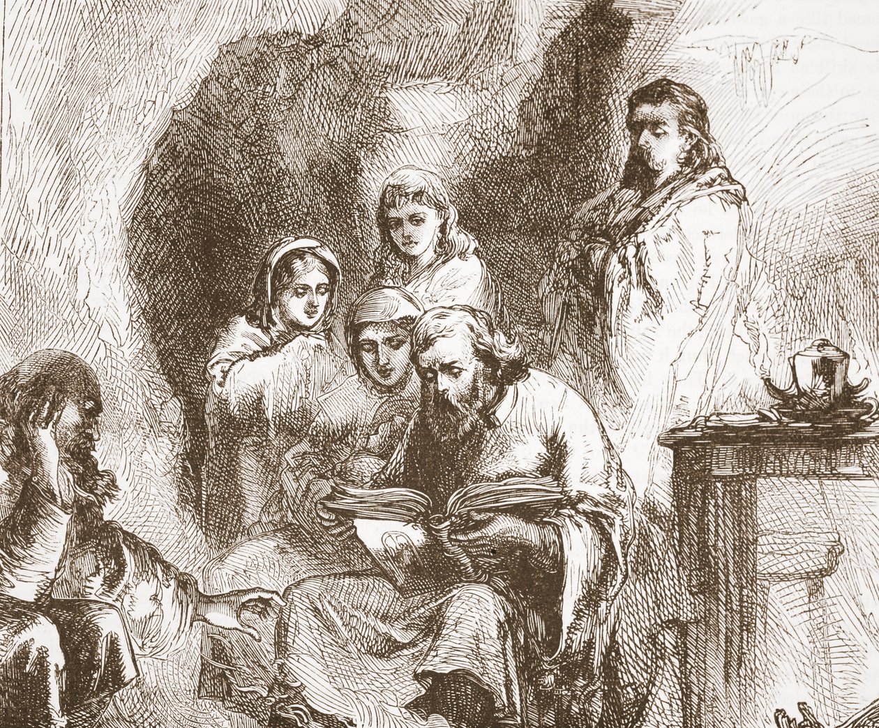 Táborité uctívání v jeskyni, ilustrace z Historie protestantismu od Jamese Aitkena Wylie (1808-1890), hospoda. 1878 od English School